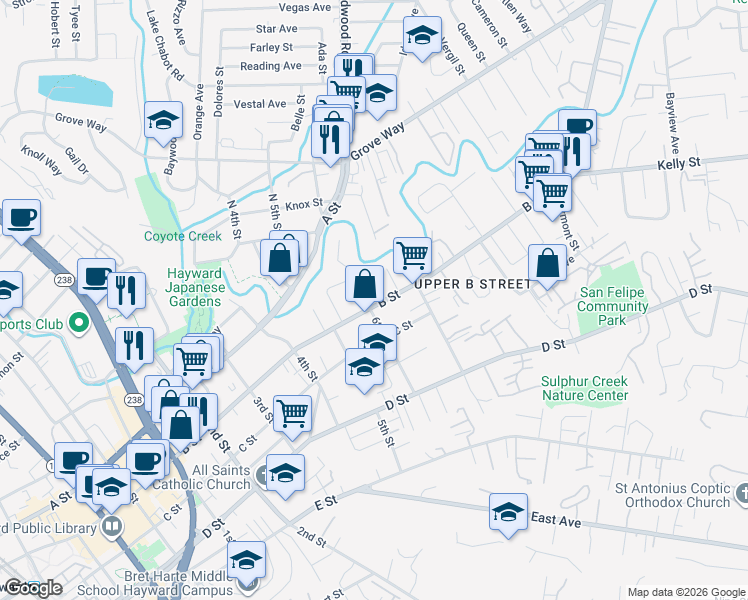 map of restaurants, bars, coffee shops, grocery stores, and more near 1600 B Street in Hayward
