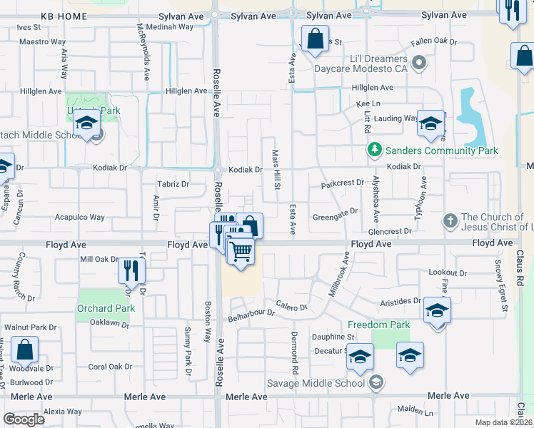 map of restaurants, bars, coffee shops, grocery stores, and more near 3116 Ridgemont Way in Modesto