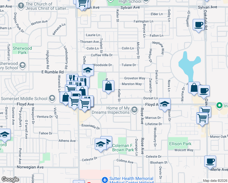 map of restaurants, bars, coffee shops, grocery stores, and more near 2805 Keller Street in Modesto