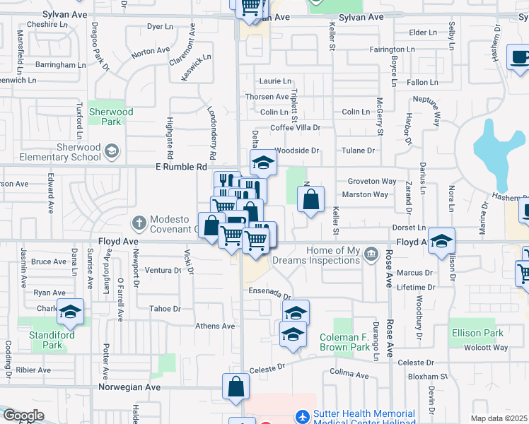 map of restaurants, bars, coffee shops, grocery stores, and more near 2716 Coffee Road in Modesto