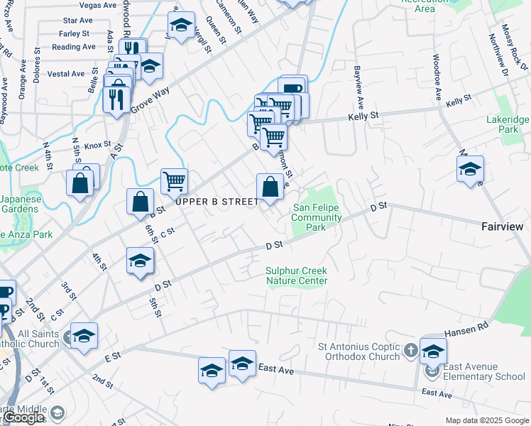 map of restaurants, bars, coffee shops, grocery stores, and more near 1818 Hill Avenue in Hayward