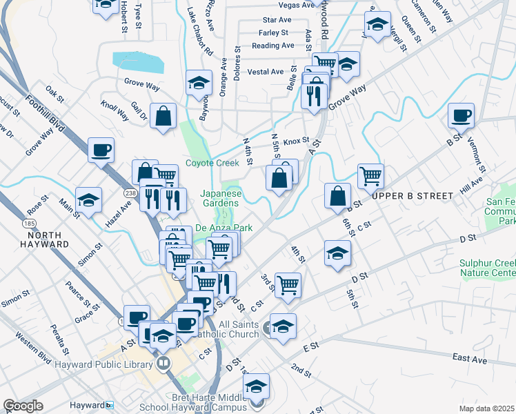 map of restaurants, bars, coffee shops, grocery stores, and more near 22400 Rockaway Lane in Hayward