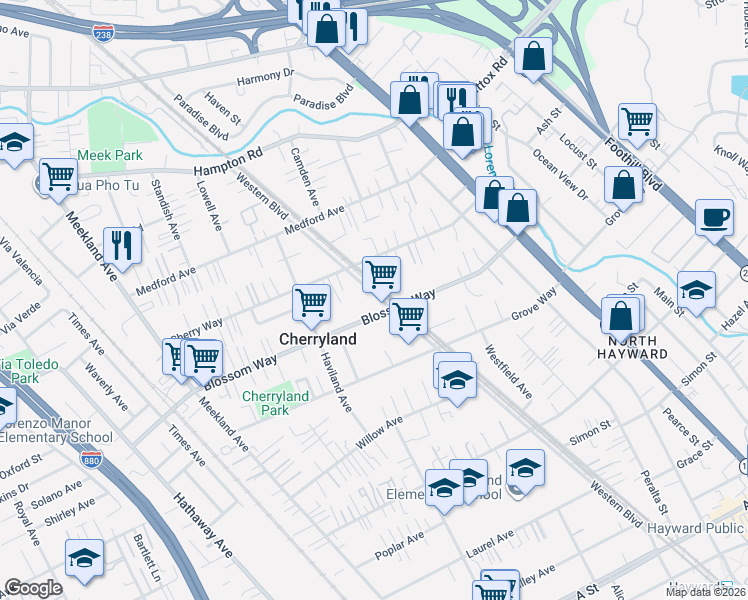 map of restaurants, bars, coffee shops, grocery stores, and more near 21170 Western Boulevard in Hayward