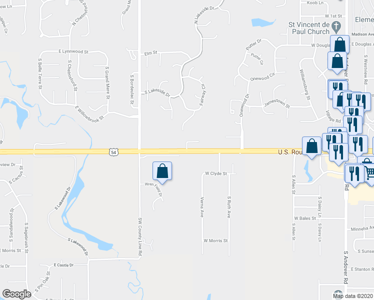 map of restaurants, bars, coffee shops, grocery stores, and more near 1256 U.S. 54 in Andover