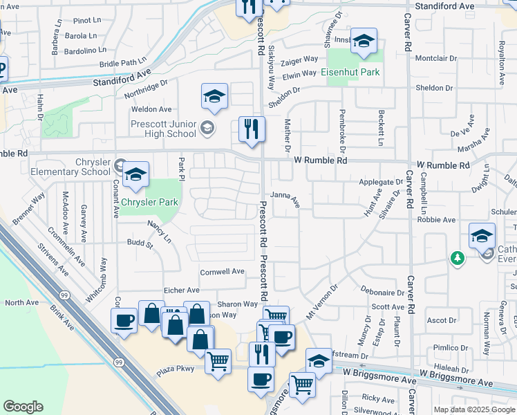 map of restaurants, bars, coffee shops, grocery stores, and more near 2621 Prescott Road in Modesto