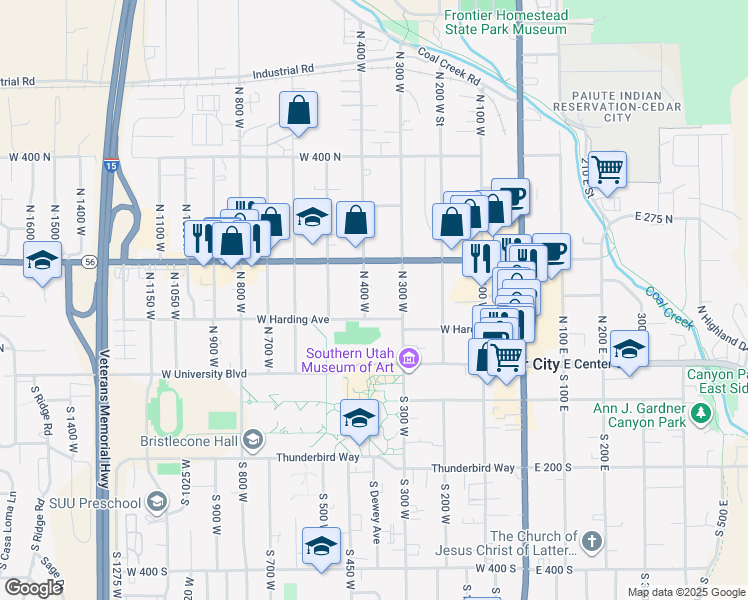 map of restaurants, bars, coffee shops, grocery stores, and more near 130 North 400 West in Cedar City