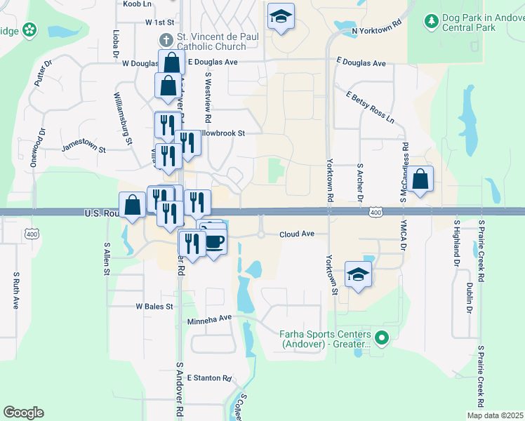 map of restaurants, bars, coffee shops, grocery stores, and more near 492 Old U.S. 54 in Andover