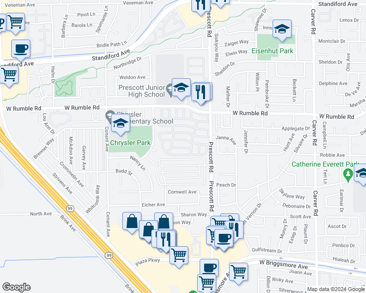 map of restaurants, bars, coffee shops, grocery stores, and more near 2621 Prescott Road in Modesto