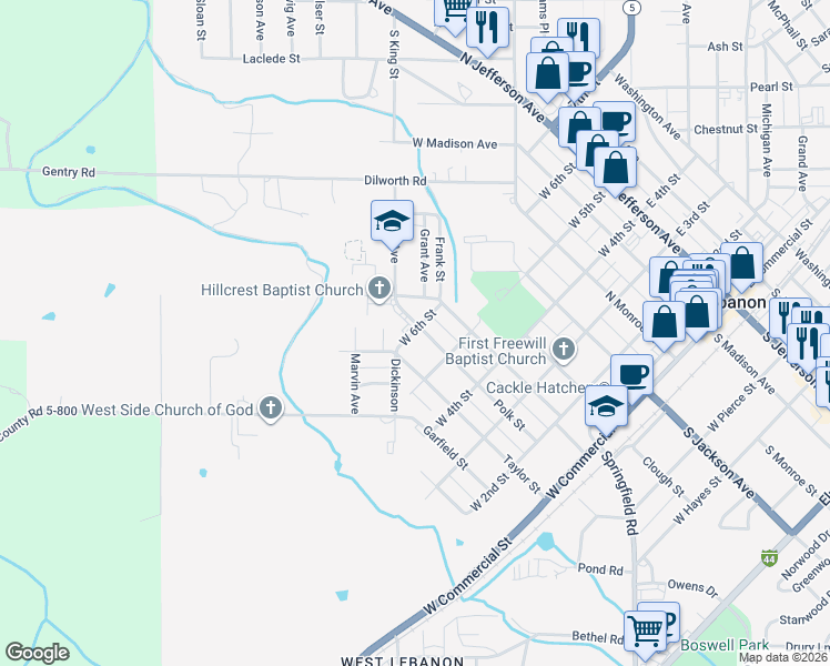 map of restaurants, bars, coffee shops, grocery stores, and more near 610 Polk Street in Lebanon