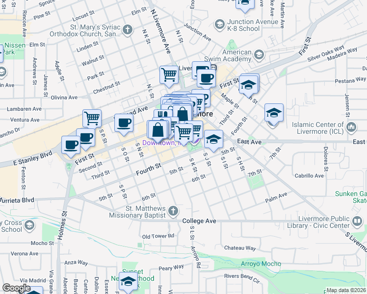 map of restaurants, bars, coffee shops, grocery stores, and more near 343 South K Street in Livermore