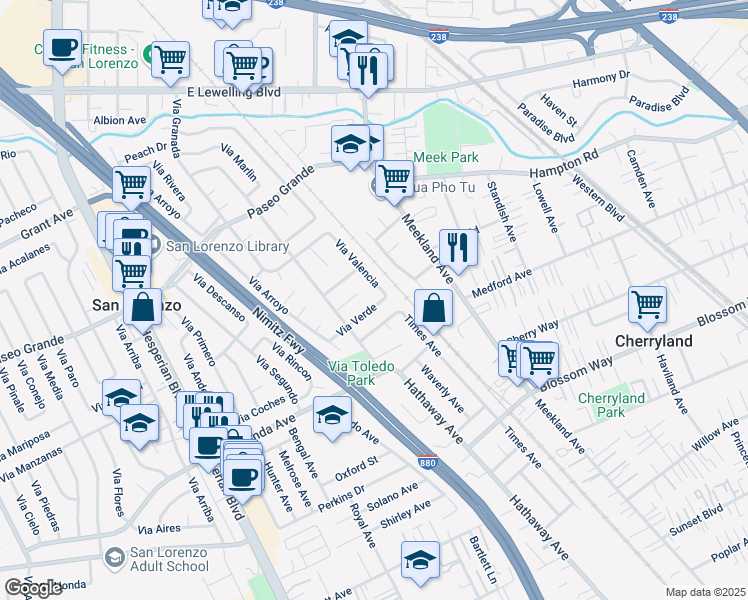 map of restaurants, bars, coffee shops, grocery stores, and more near 17947 Via Valencia in San Lorenzo
