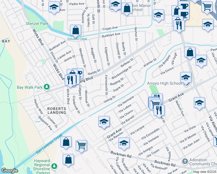 map of restaurants, bars, coffee shops, grocery stores, and more near 15512 Farnsworth Street in San Leandro