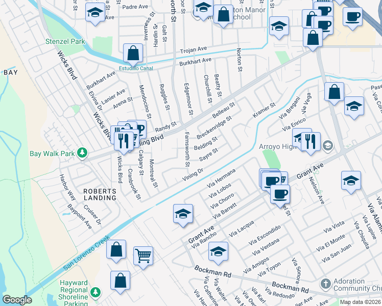 map of restaurants, bars, coffee shops, grocery stores, and more near 15512 Farnsworth Street in San Leandro