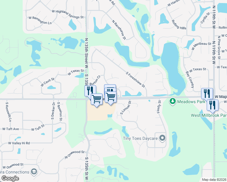 map of restaurants, bars, coffee shops, grocery stores, and more near 205 South Maple Dunes Street in Wichita