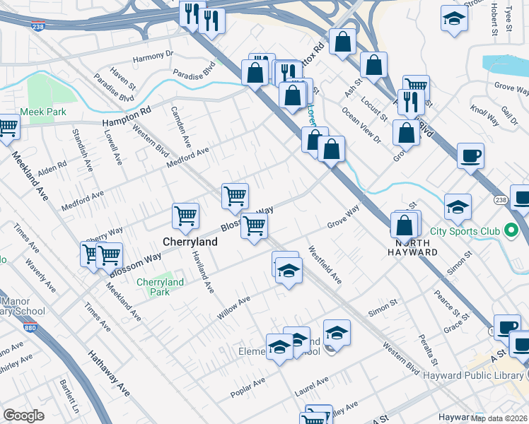 map of restaurants, bars, coffee shops, grocery stores, and more near 774 Blossom Way in Hayward