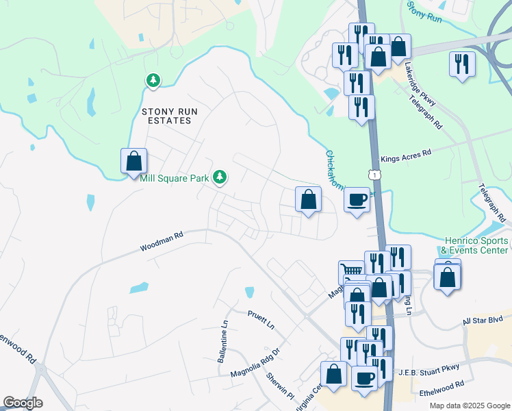 map of restaurants, bars, coffee shops, grocery stores, and more near 4034 Rivermere Lane in Glen Allen