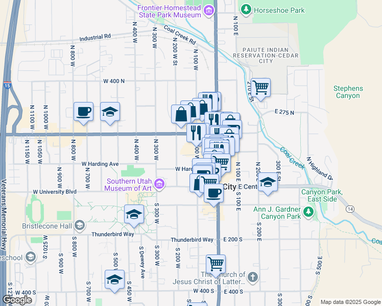 map of restaurants, bars, coffee shops, grocery stores, and more near 173 North 100 West in Cedar City