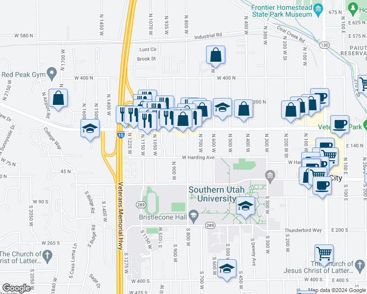 map of restaurants, bars, coffee shops, grocery stores, and more near 160 North 900 West in Cedar City