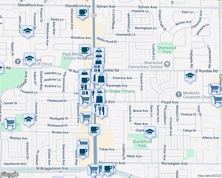 map of restaurants, bars, coffee shops, grocery stores, and more near 225 Kavanagh Avenue in Modesto