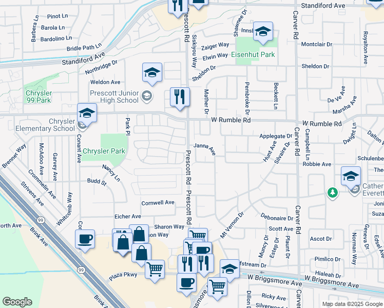 map of restaurants, bars, coffee shops, grocery stores, and more near 2616 Chester Drive in Modesto