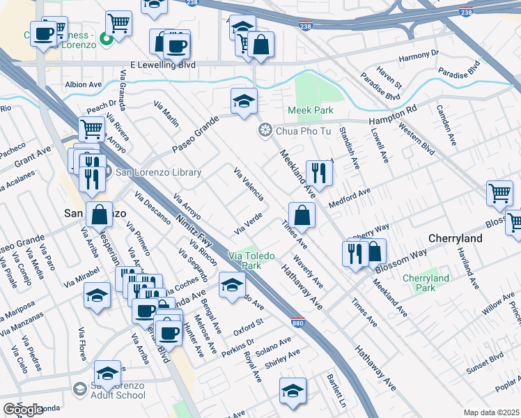 map of restaurants, bars, coffee shops, grocery stores, and more near 17947 Via Valencia in San Lorenzo
