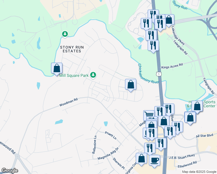 map of restaurants, bars, coffee shops, grocery stores, and more near 4034 Rivermere Lane in Glen Allen