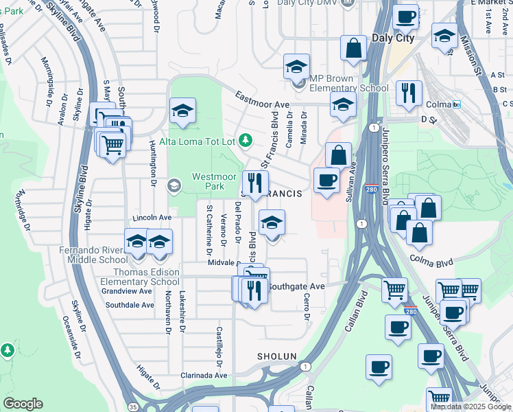 map of restaurants, bars, coffee shops, grocery stores, and more near 315 Saint Francis Boulevard in Daly City