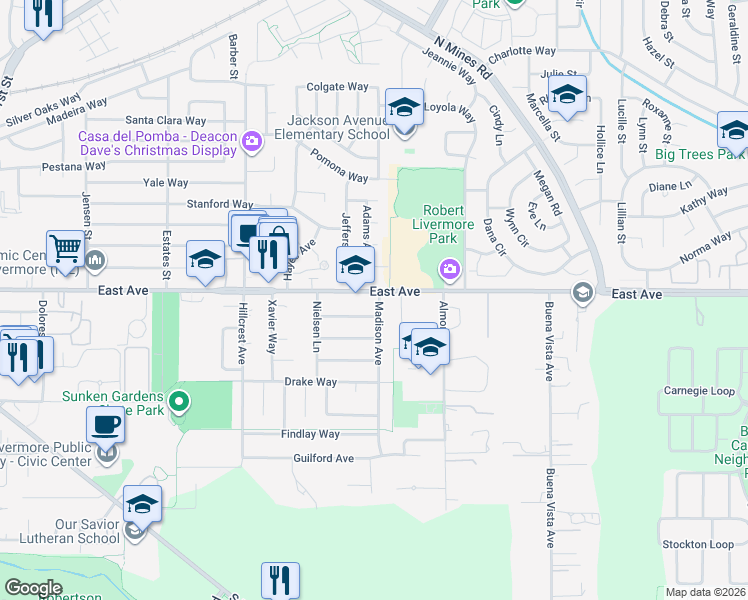 map of restaurants, bars, coffee shops, grocery stores, and more near 4348 East Avenue in Livermore