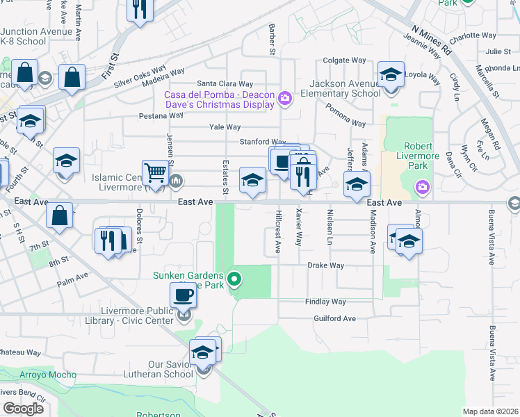 map of restaurants, bars, coffee shops, grocery stores, and more near 3988 East Avenue in Livermore