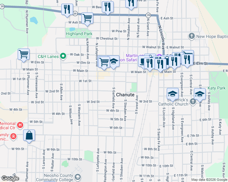 map of restaurants, bars, coffee shops, grocery stores, and more near 198 S Garfield Ave in Chanute
