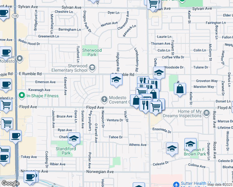 map of restaurants, bars, coffee shops, grocery stores, and more near 1037 Floyd Avenue in Modesto