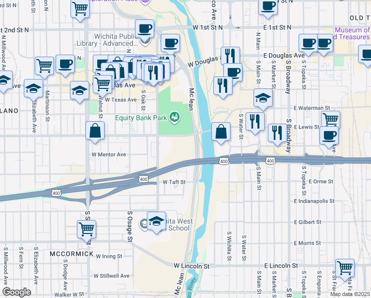 map of restaurants, bars, coffee shops, grocery stores, and more near 333 West Maple Street in Wichita