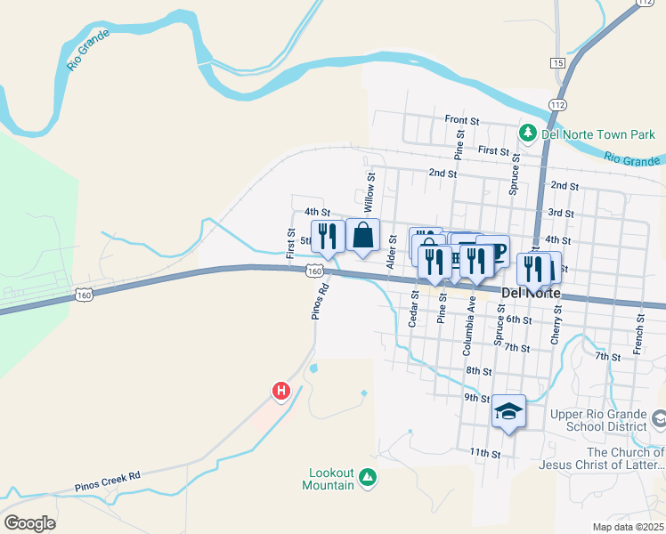 map of restaurants, bars, coffee shops, grocery stores, and more near 14173 U.S. 160 in Del Norte