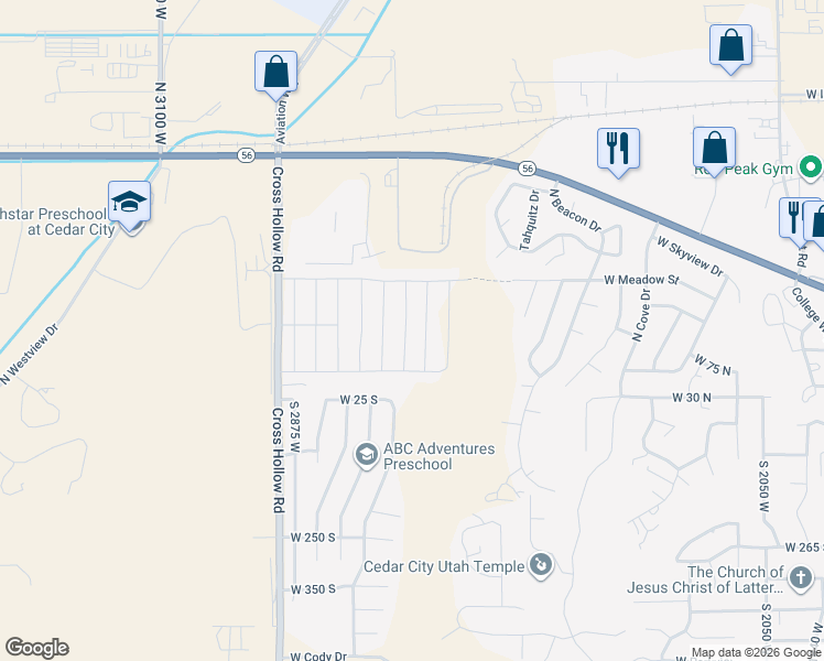 map of restaurants, bars, coffee shops, grocery stores, and more near Beacon Dr in Cedar City