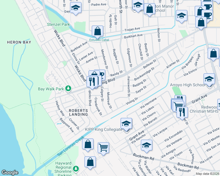 map of restaurants, bars, coffee shops, grocery stores, and more near 15478 Montreal Street in San Leandro