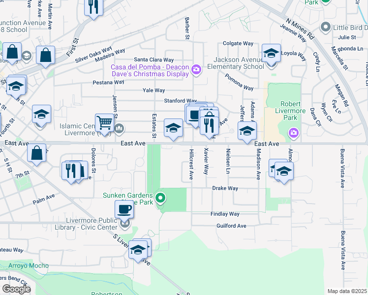 map of restaurants, bars, coffee shops, grocery stores, and more near 1021 Montclair Court in Livermore