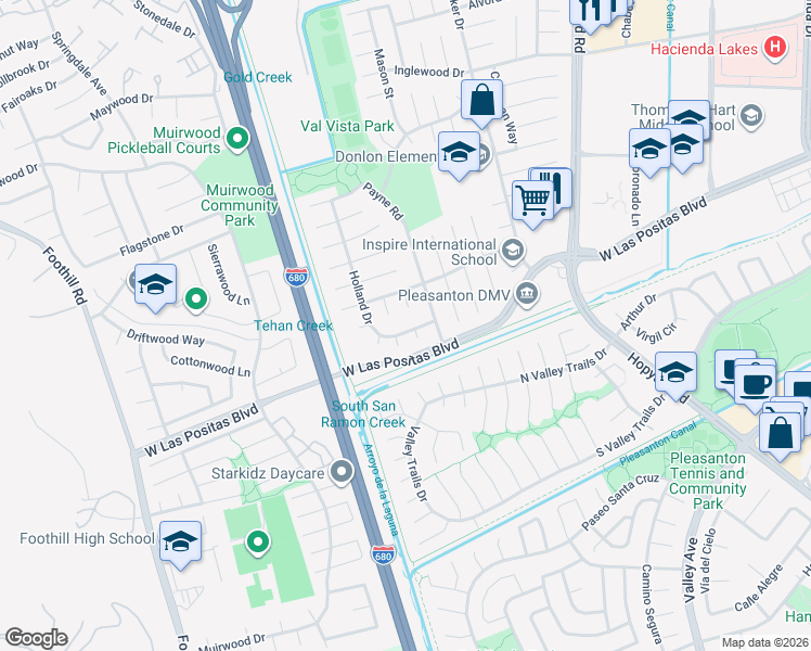 map of restaurants, bars, coffee shops, grocery stores, and more near 4274 Nova Court in Pleasanton
