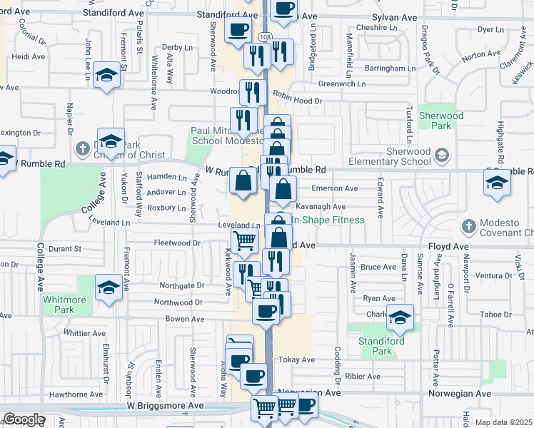 map of restaurants, bars, coffee shops, grocery stores, and more near 2727 McHenry Avenue in Modesto