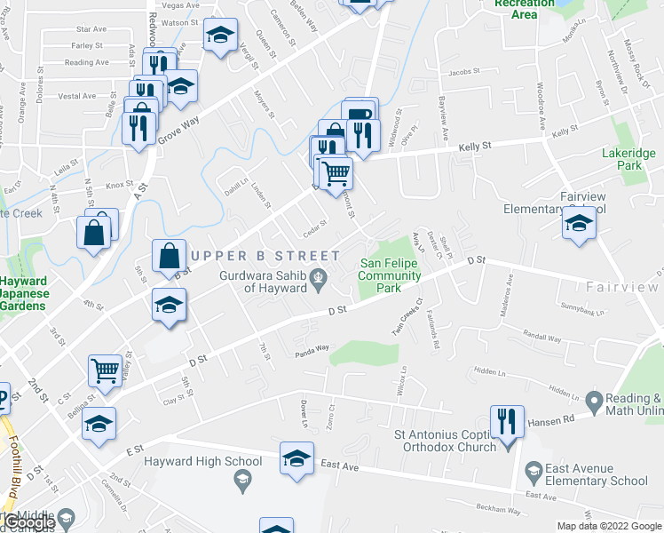 map of restaurants, bars, coffee shops, grocery stores, and more near 1818 Hill Avenue in Hayward