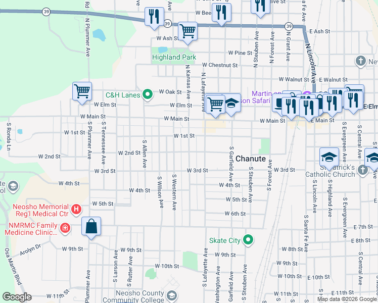 map of restaurants, bars, coffee shops, grocery stores, and more near 701 West 2nd Street in Chanute