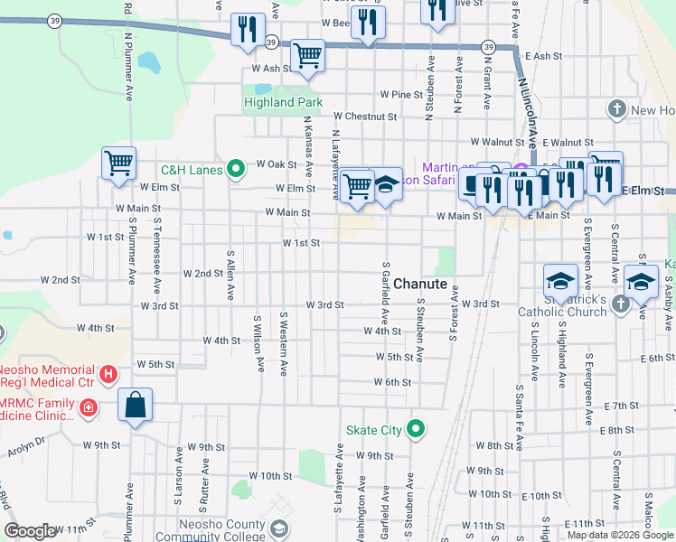 map of restaurants, bars, coffee shops, grocery stores, and more near 199 South Lafayette Avenue in Chanute