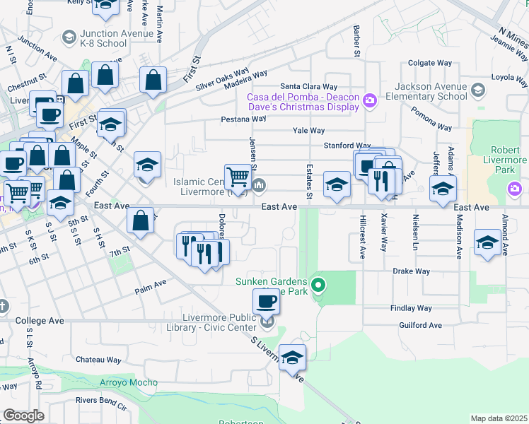 map of restaurants, bars, coffee shops, grocery stores, and more near 3787 East Avenue in Livermore