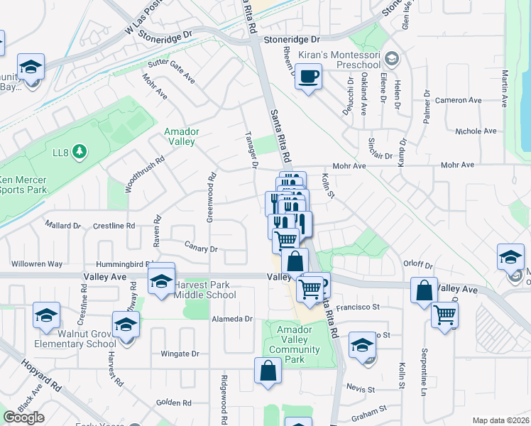 map of restaurants, bars, coffee shops, grocery stores, and more near 2115 Tanager Court in Pleasanton