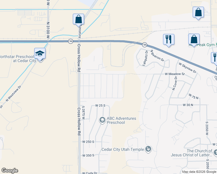 map of restaurants, bars, coffee shops, grocery stores, and more near Beacon Dr in Cedar City