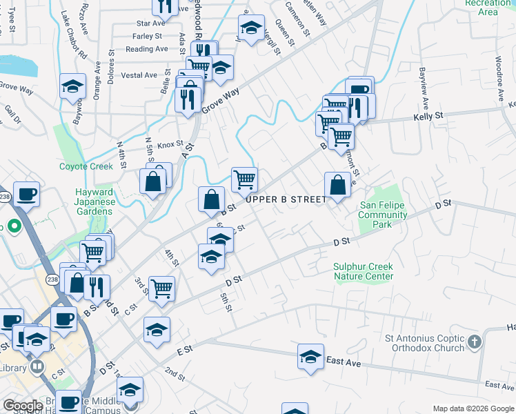 map of restaurants, bars, coffee shops, grocery stores, and more near 1711 B Street in Hayward