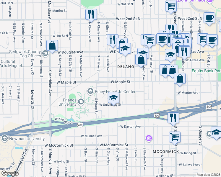 map of restaurants, bars, coffee shops, grocery stores, and more near 421 South Vine Street in Wichita