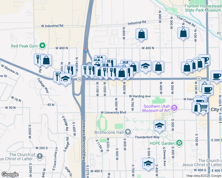 map of restaurants, bars, coffee shops, grocery stores, and more near 152 North 1000 West in Cedar City