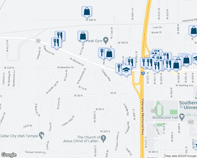 map of restaurants, bars, coffee shops, grocery stores, and more near 165 College Way in Cedar City