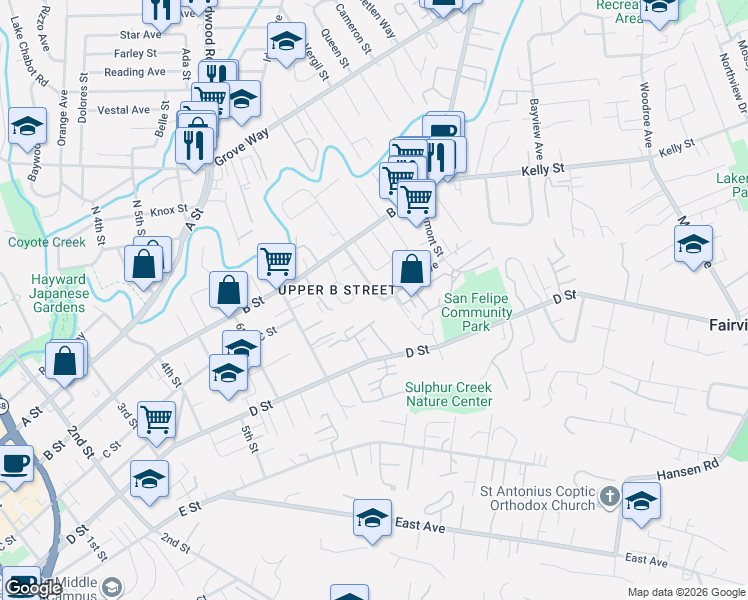 map of restaurants, bars, coffee shops, grocery stores, and more near 22670 Zaballos Court in Hayward