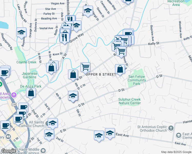 map of restaurants, bars, coffee shops, grocery stores, and more near 22742 Zaballos Court in Hayward